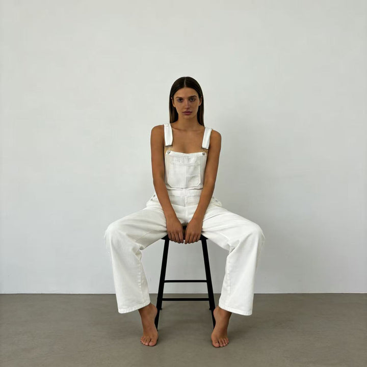 Damen nan weiche Denim-Latzhose mit weitem Bein, verstellbaren Trägern und Pattentasche Drune
