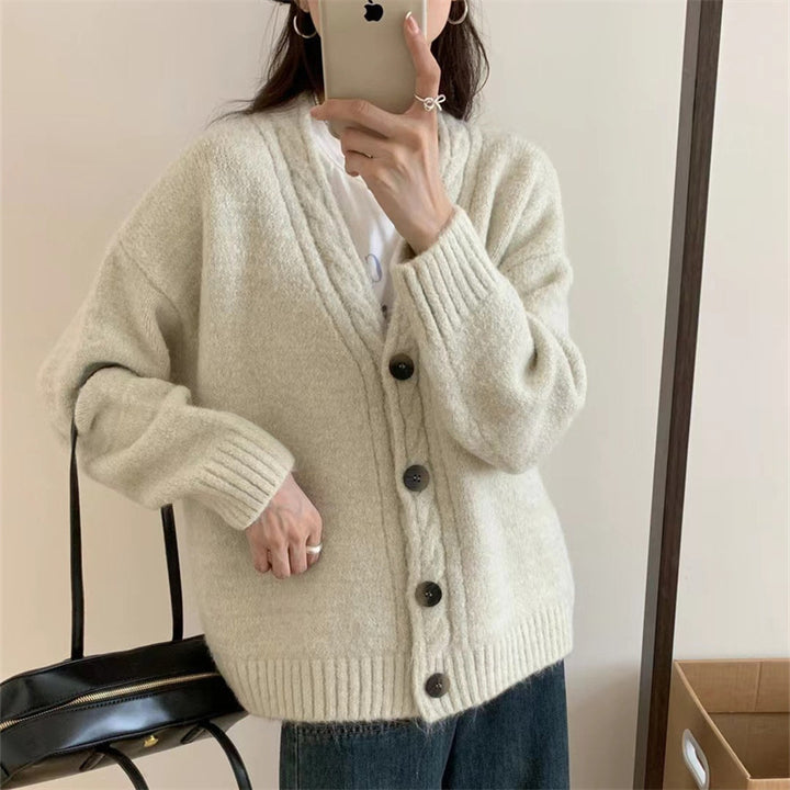 Damen Gemütlicher Strickcardigan mit elegantem V-Ausschnitt und Knopfdetails Drune