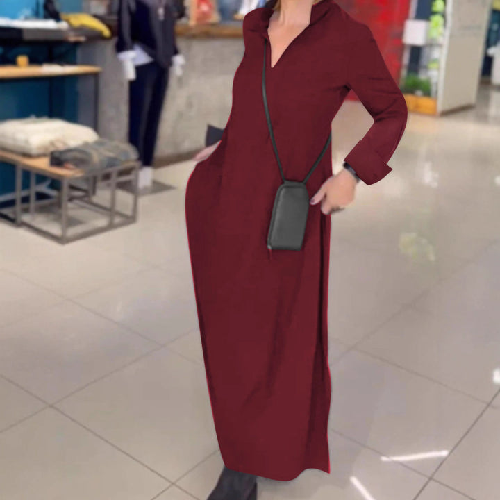 Damen Fließendes Maxikleid mit Stehkragen‑V‑Ausschnitt, langen Ärmeln und seitlichen Eingrifftaschen Drune
