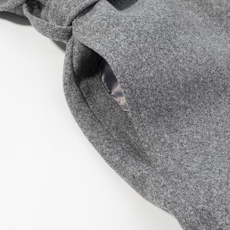 Damen Langmantel mit Bindegürtel und hohem Stehkragen aus Wollmix Drune