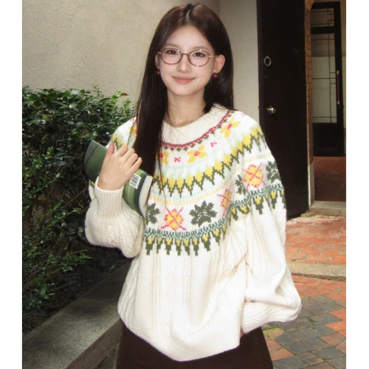 Damen Modischer Grobstrickpullover mit Norweger-Muster Drune