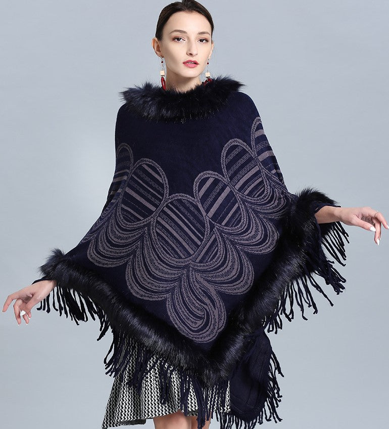 Damen Fransen‑Poncho mit Kunstfellbesatz und Jacquard‑Ruana Drune