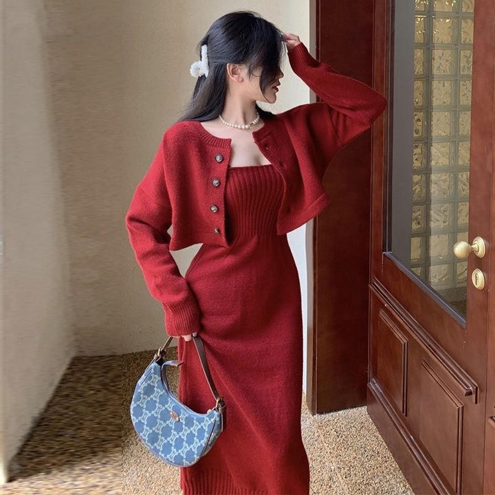 Damen Strickensemble mit taillierter Jacke und figurbetontem Kleid Drune
