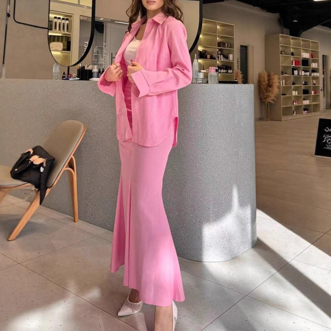 Damen Zweiteiliges Set Schlauchmaxirock mit ausgestelltem Saum und Oversize-Hemd Drune