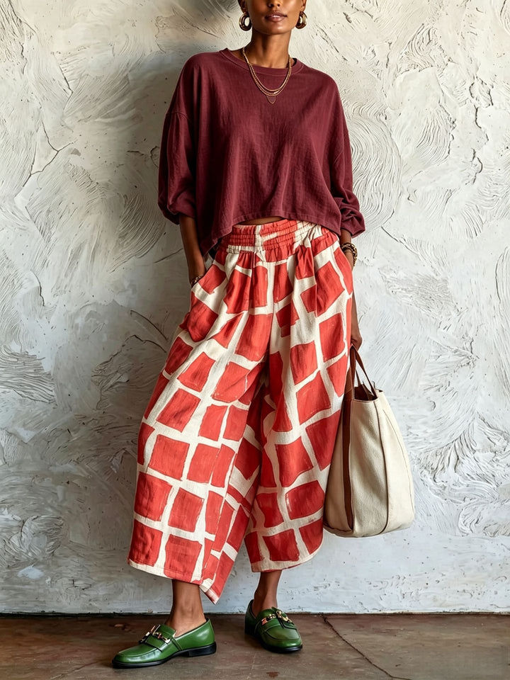 Damen Weite Culotte-Hose aus Leinenmix mit elastischem Bund und grafischem Print Drune