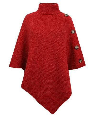 Damen Strick-Poncho mit steigendem Kragen und dekorativen Knopfdetails Drune