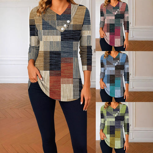 Damen Langarm-Tunika mit asymmetrischem V-Ausschnitt, Zierknopfleiste und kariertem Patchworkmuster Drune