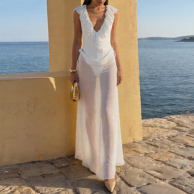 Damen Elegantes Strandkleid mit fransigen Details und tiefem V-Ausschnitt Drune