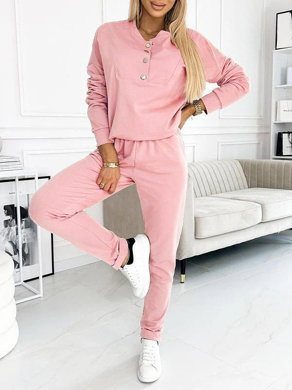 Damen Bequemes Freizeitanzug Set mit Knopfdetails Drune