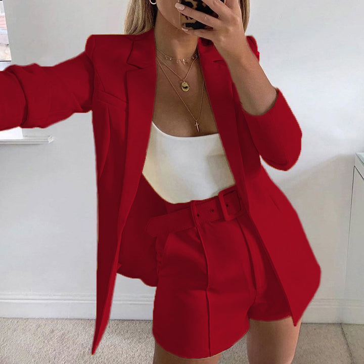 Damen Zweiteiliges maßgeschneidertes Blazer‑Set mit hochtaillierten Shorts und Gürtel Drune