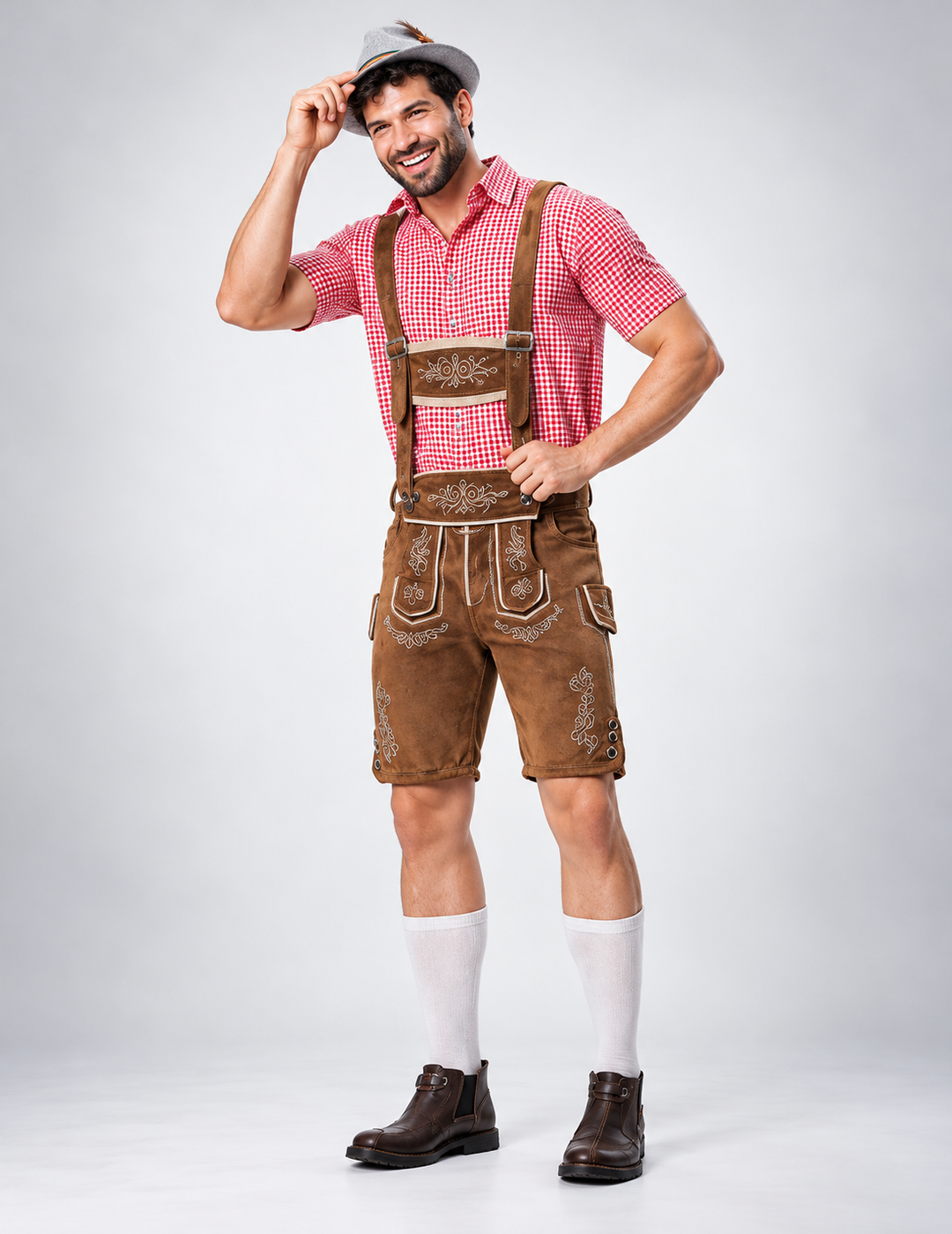Herren nan bayerisches Trachten-Set Kniebundhose mit besticktem Vorderspiegel und verstellbaren Hosenträgern Drune