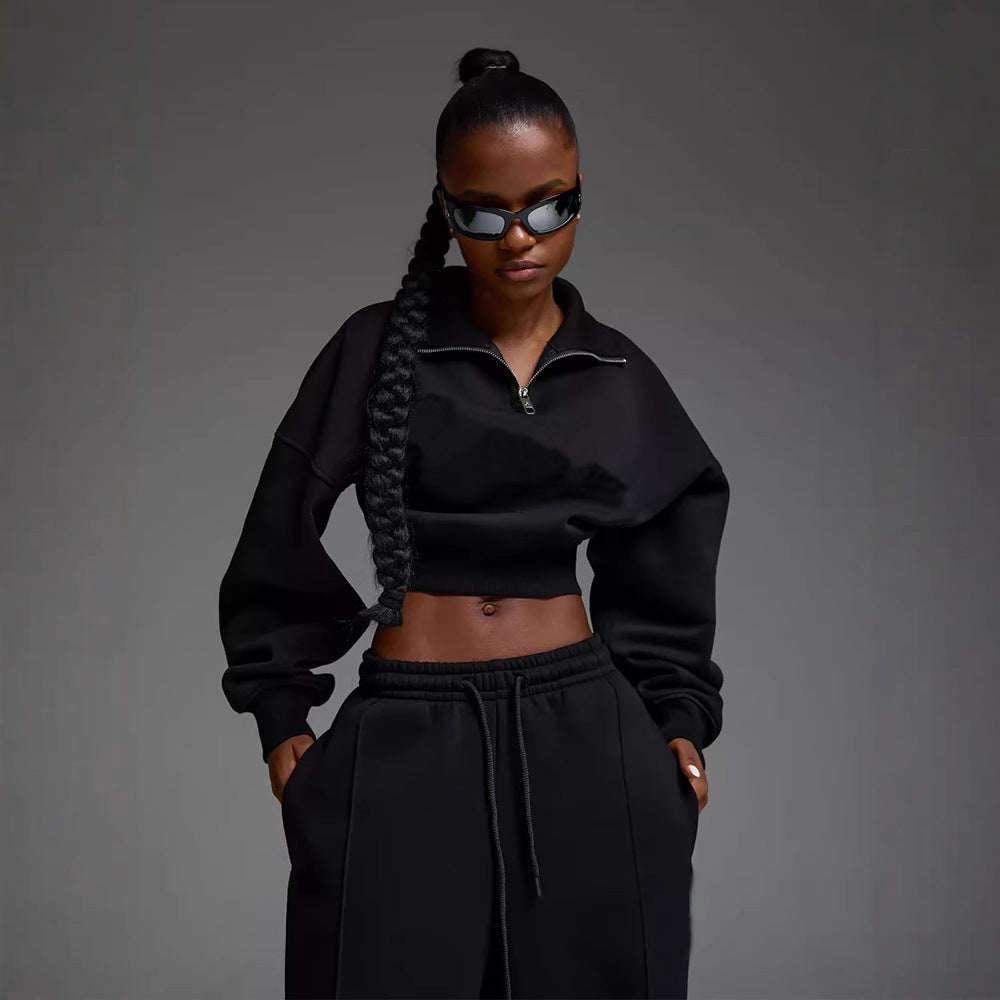 Damen kurzes Half-Zip Crop-Sweatshirt mit hoher Taille und weitem Sweatpants-Set Drune
