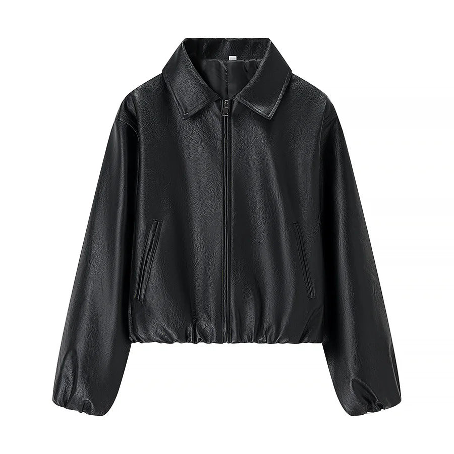 Damen nan cropped Glanz-Kunstlederjacke im Bomberstil mit Hemdkragen und elastischem Saum Drune