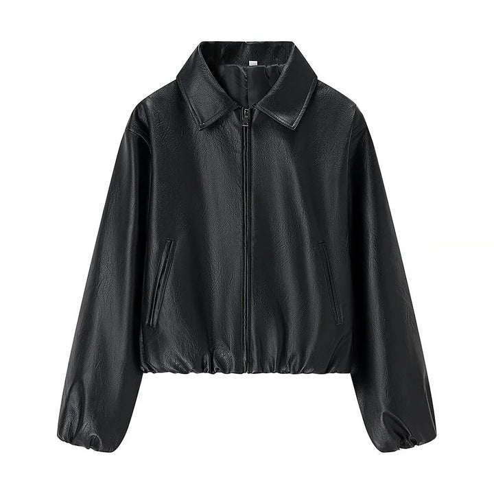 Damen nan cropped Glanz-Kunstlederjacke im Bomberstil mit Hemdkragen und elastischem Saum Drune
