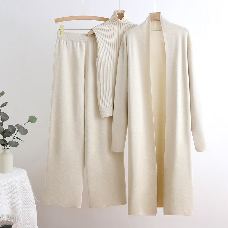 Damen gemütliches Strick-Loungewear-Set mit langem Cardigan und Rippenshirts Drune