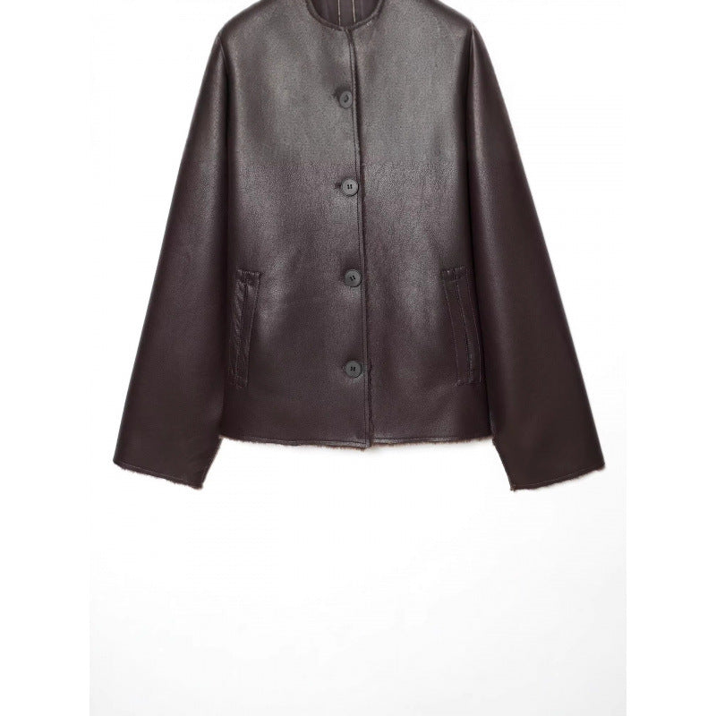 Damen Kurze Wende‑Lammfelljacke mit vollem Umlegekragen und warmer Teddyfütterung Drune