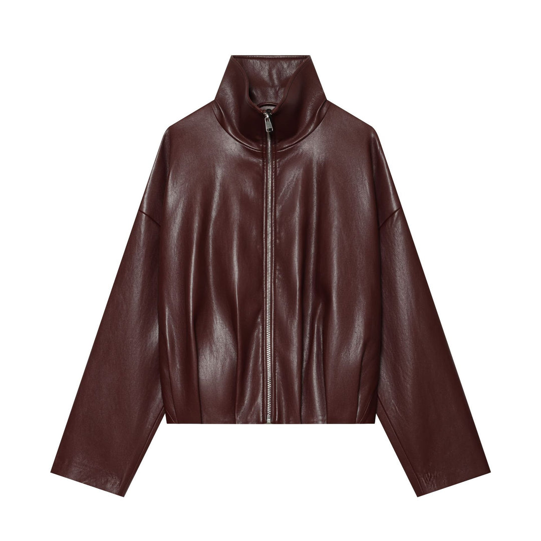 Damen Cropped Kunstlederjacke mit hohem Funnelkragen und durchgehendem Reißverschluss Drune