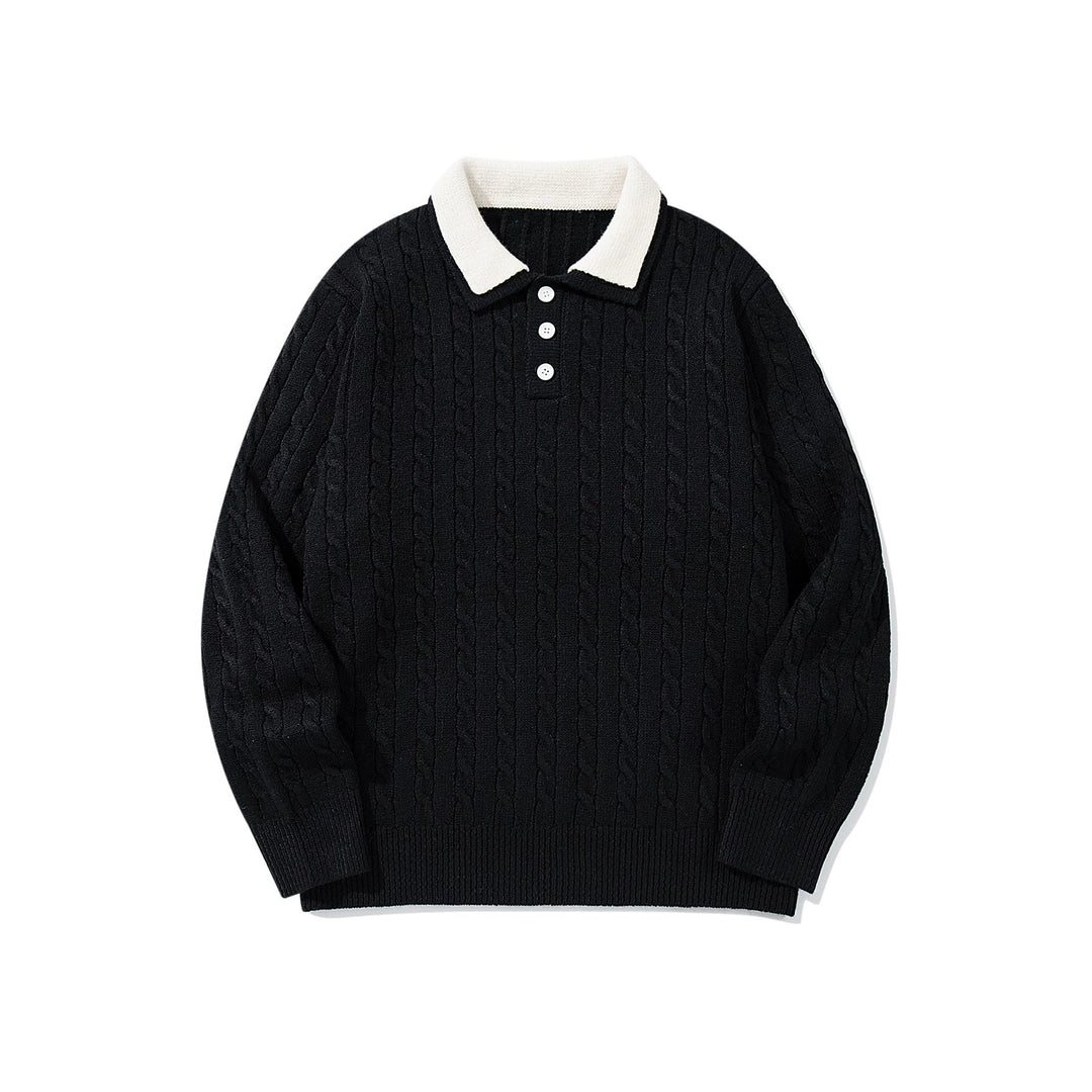 Unisex Polo-Strickpullover mit Zopfstrick und Kontrastkragen Drune
