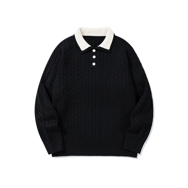 Unisex Polo-Strickpullover mit Zopfstrick und Kontrastkragen Drune
