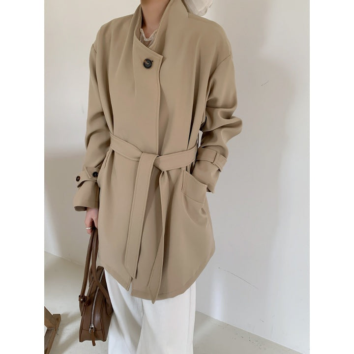 Damen Kurzer Oversize-Mantel mit Bindegürtel, breiten Pattentaschen und legerer Schulter Drune