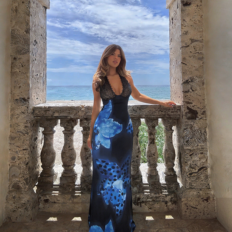 Damen Elegantes Maxikleid mit floralem Muster und Spitzendetails Drune