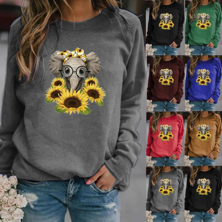 Damen-Sweatshirt mit Elefantenprint, Sonnenblumenmotiv und weichem Fleece Drune