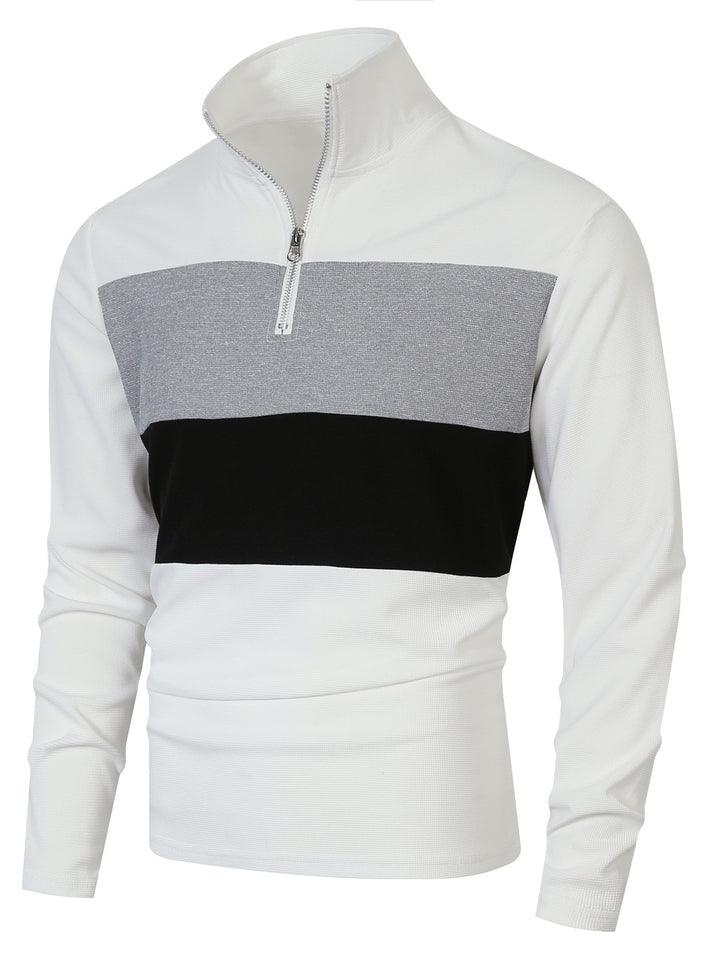 Herren Halbzip-Pullover mit Stehkragen, breitem Blockstreifen und fein gerippter Struktur Drune