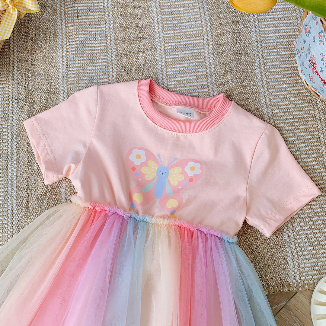 Mädchen Verspielt Schmetterlingsdruck Tüllkleid Drune
