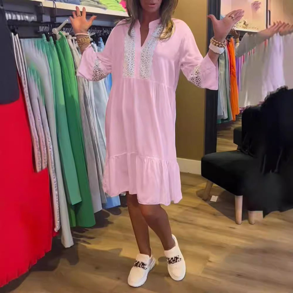 Damen nan lockeres Babydoll-Tunikakleid mit Spitzenpasse, V-Ausschnitt, Stehkragen und Stufenvolant Drune