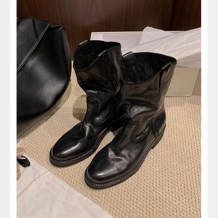 Damen lässige Cowboystiefel aus echtem Glattleder mit weichem, geschlitztem Schaft Drune