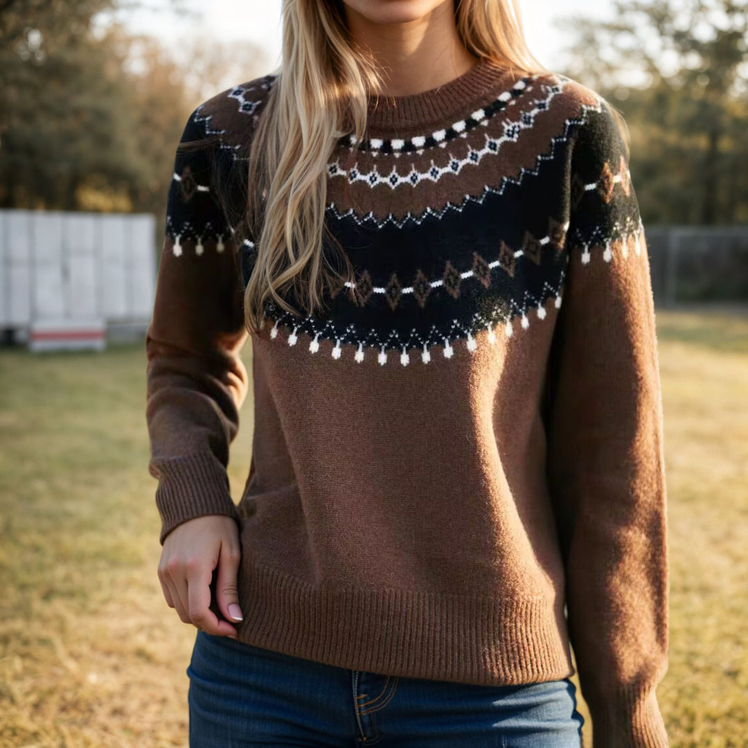 Damen nan Norweger-Pullover mit Rundhalsausschnitt, Jacquard-Yoke und weichem Feinstrick Drune
