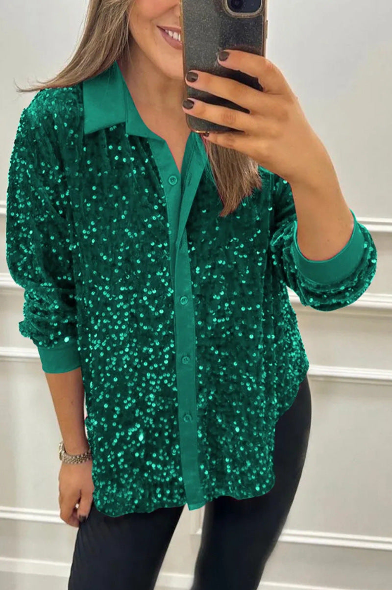 Damen nan glitzernde Pailletten-Hemdbluse mit Kragen, Knopfleiste und elastischen Manschetten Drune