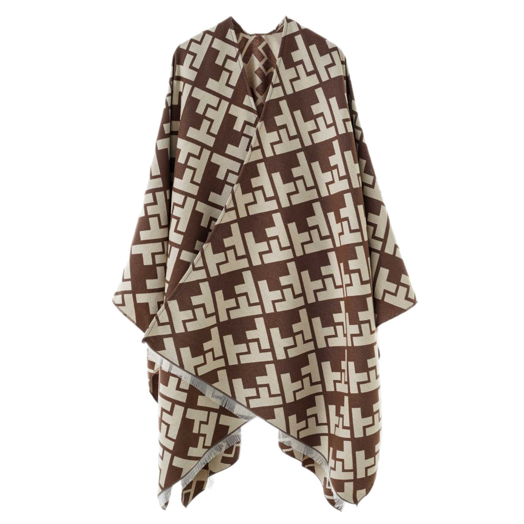 Damen Oversize Jacquard-Capeponcho aus Wollmix mit geometrischem Muster und Fransen Drune