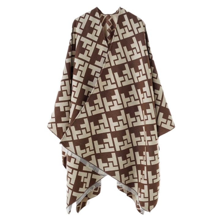 Damen Oversize Jacquard-Capeponcho aus Wollmix mit geometrischem Muster und Fransen Drune