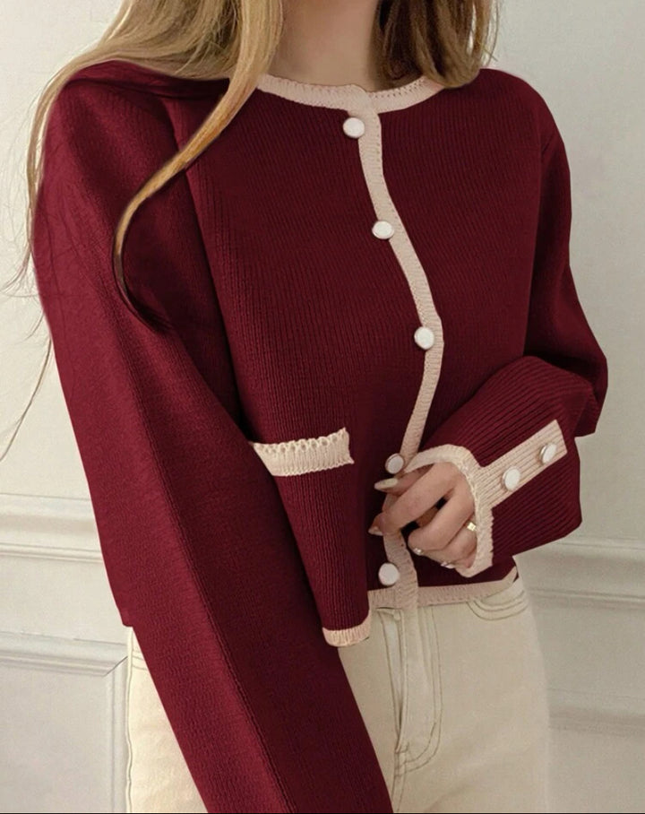 Damen Kurzgeschnittener gerippter Cardigan mit kontrast‑Häkelkante, Zierknopfleiste und Taschenleisten Drune