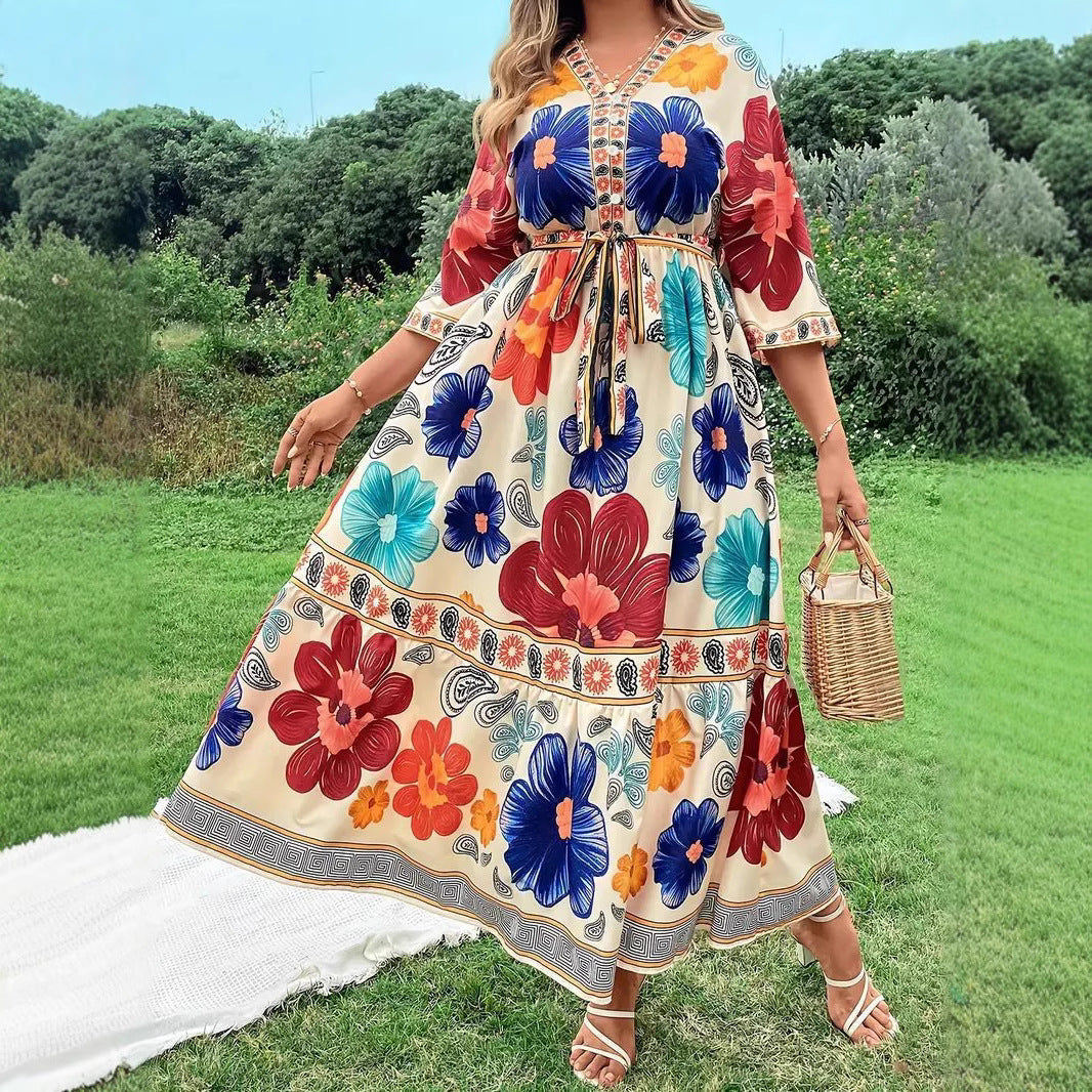 Damen Maxikleid mit buntem Blumendesign und Taillengürtel Drune