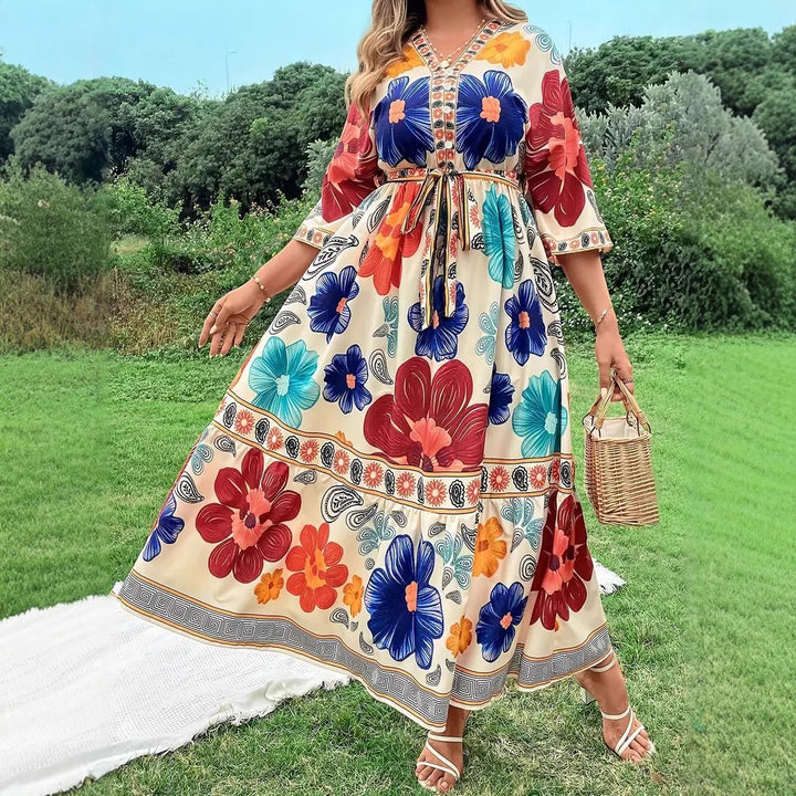 Damen Maxikleid mit buntem Blumendesign und Taillengürtel Drune