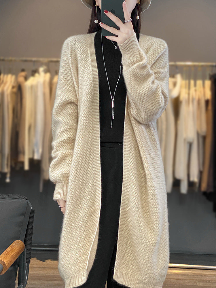 Damen Langer Offener Strickcardigan mit Samenmuster und gerippten Abschlüssen Drune