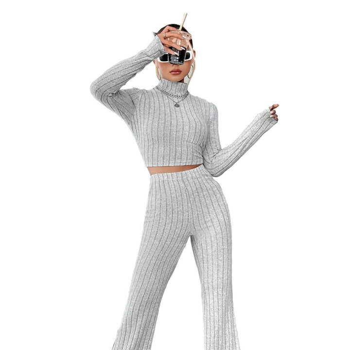 Damen geripptes Strick-Lounge-Set mit Rollkragen-Cropped und weiter Schlaghose Drune