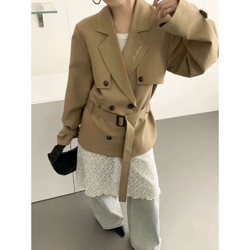 Damen Kurztrenchjacke mit taillierendem Bindegürtel und voluminösen Ballonärmeln Drune