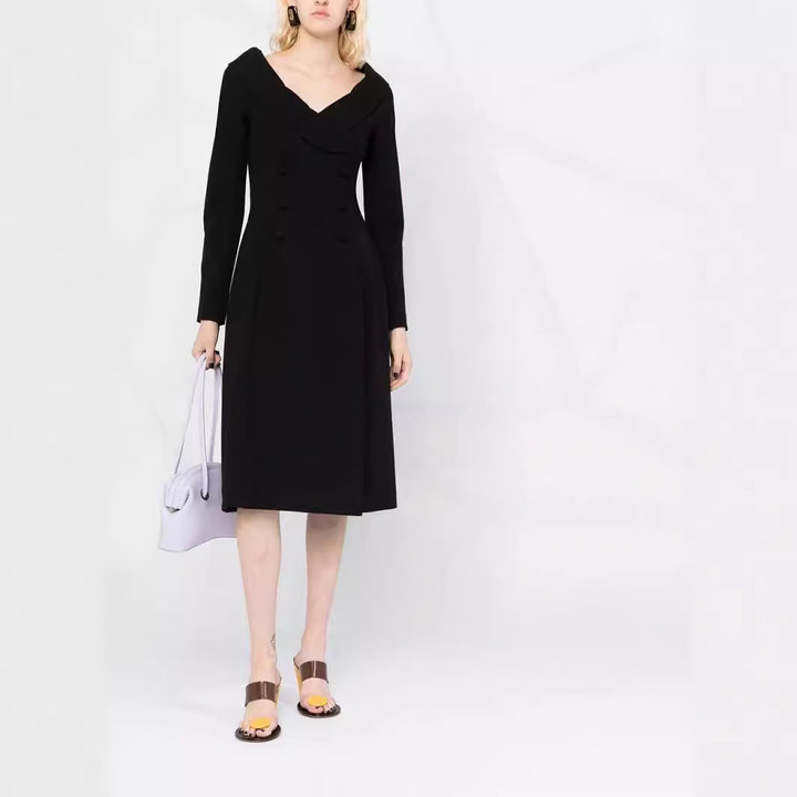 Damen Maxikleid im Mantel‑Look mit Carmenkragen und Doppelreihe Drune