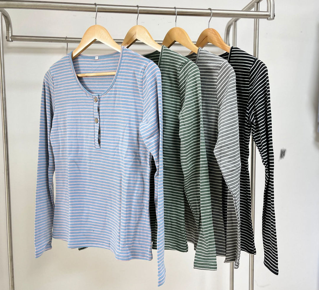 Damen gestreiftes Langarmshirt mit Knopfleiste und lässiger Passform Drune