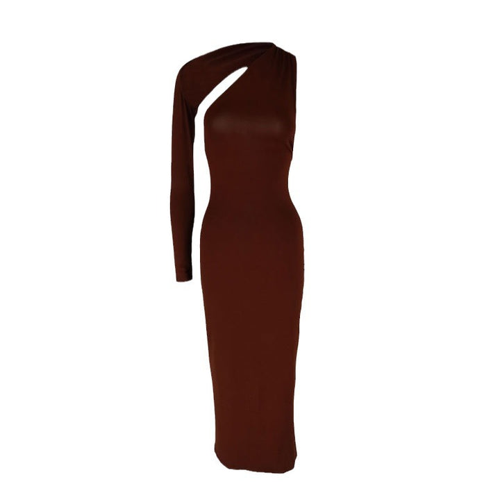 Damen Elegantes asymmetrisches Maxikleid mit einem Ärmel und figurbetonter Silhouette Drune