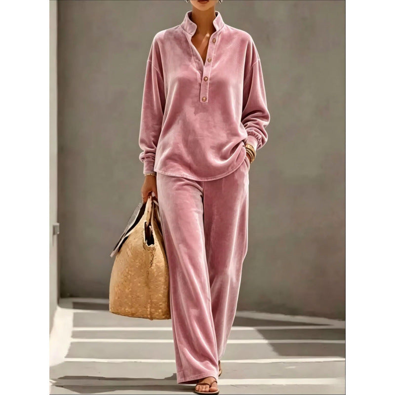 Damen Velours-Loungewear-Set mit Stehkragen-Henleytop und weiter Palazzohose Drune