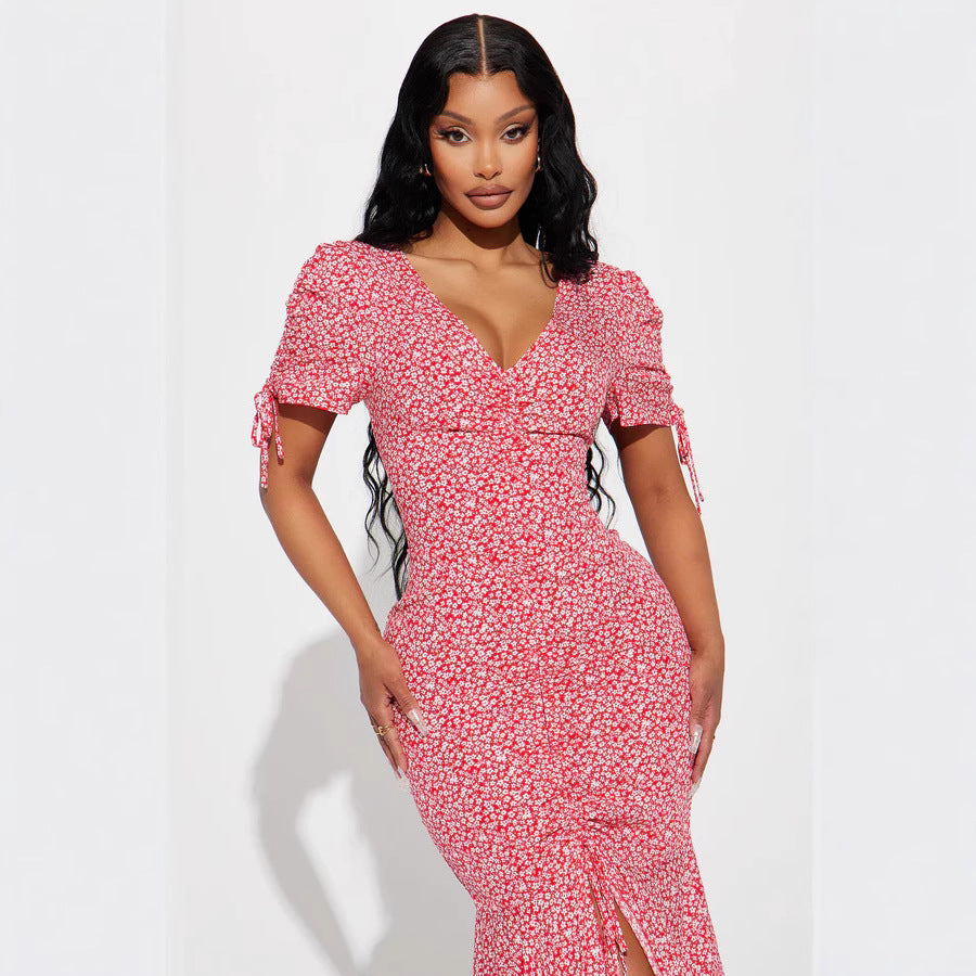 Damen Midi-Kleid mit floralen Mustern und luftigen Rüschendetails Drune