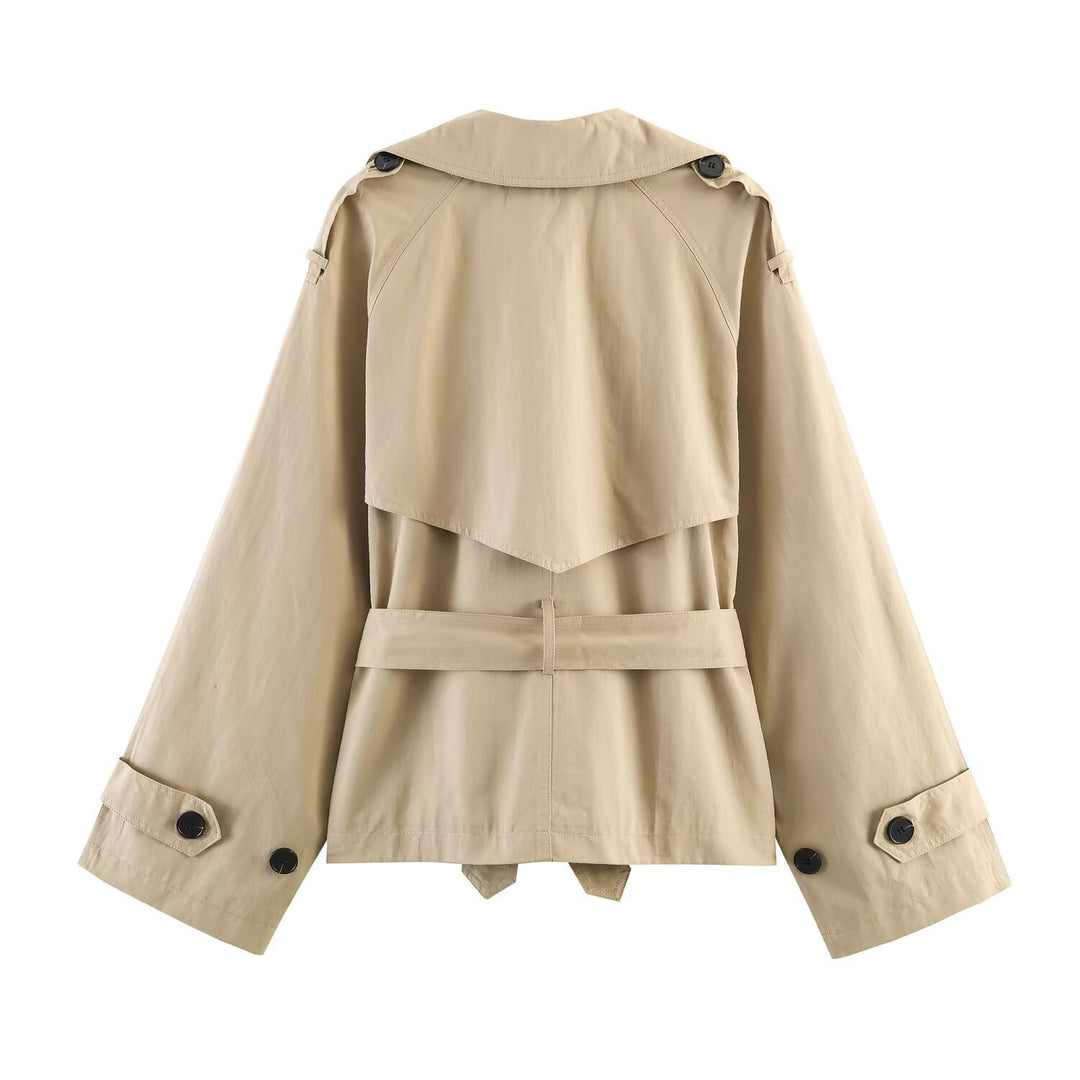 Damen Kurze Cape‑Trenchjacke mit doppelreihiger Knopfleiste und Bindegürtel Drune