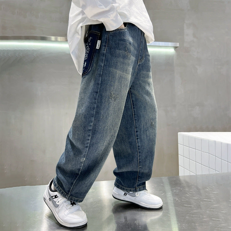 Herren weite Denim-Hose mit kreativen Taschen Drune