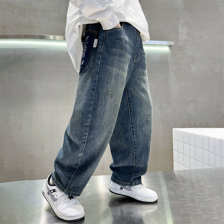 Herren weite Denim-Hose mit kreativen Taschen Drune