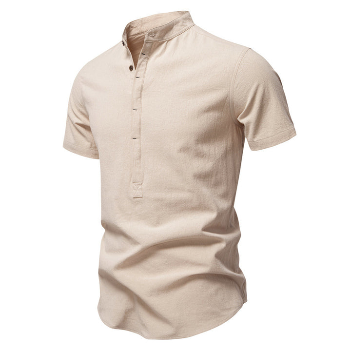 Herren nan lässiges Kurzarmshirt mit Stehkragen, halber Knopfleiste und leicht strukturierter Baumwoll-Leinen-Qualität Drune