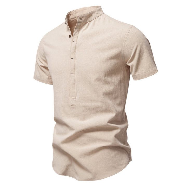 Herren nan lässiges Kurzarmshirt mit Stehkragen, halber Knopfleiste und leicht strukturierter Baumwoll-Leinen-Qualität Drune